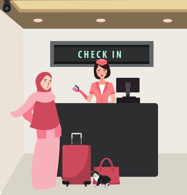 Garota check-in de companhia aérea voo recepção viagem vestindo véu trazer bagagem