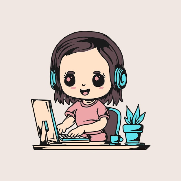 Vetor garota chibi trabalha com ilustração de computador