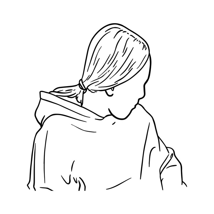 Vetor garota com cabelo amarrado em um rabo de cavalo em uma jaqueta com uma coloração linear de desenho animado de capuz