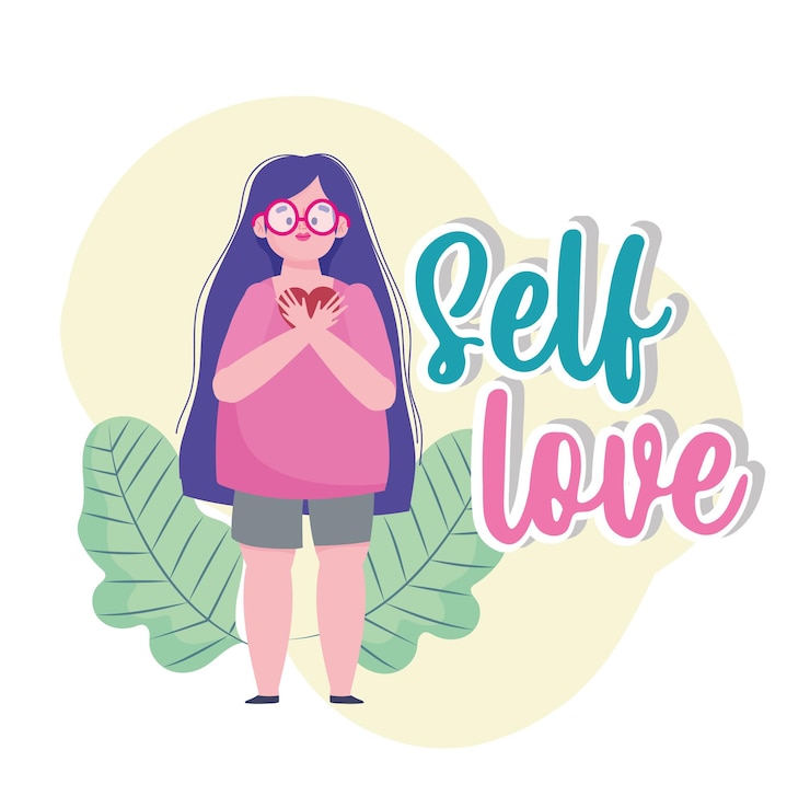 Vetor garota com cabelo comprido e ilustração de amor-próprio de personagem de desenho animado de coração