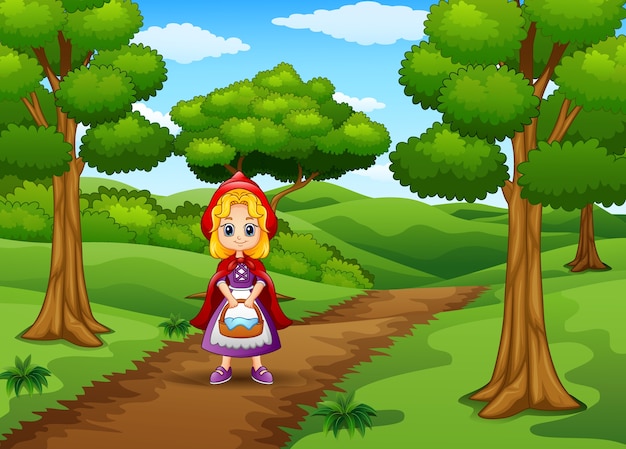 Garota com capuz vermelha estão na aldeia na floresta