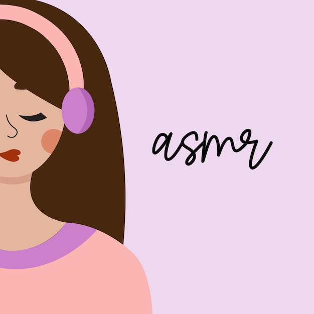 Garota com roupas cor-de-rosa ouvindo vozes asmr e meditando ilustração vetorial plana sobre meditação em podcast