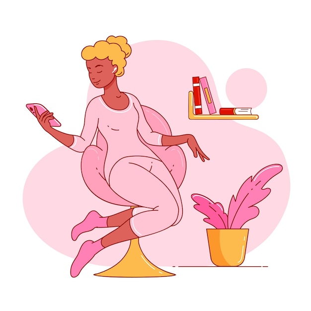 Garota com telefone em fones de ouvido ouve música na poltrona rosa ilustração plana vetorial com contorno