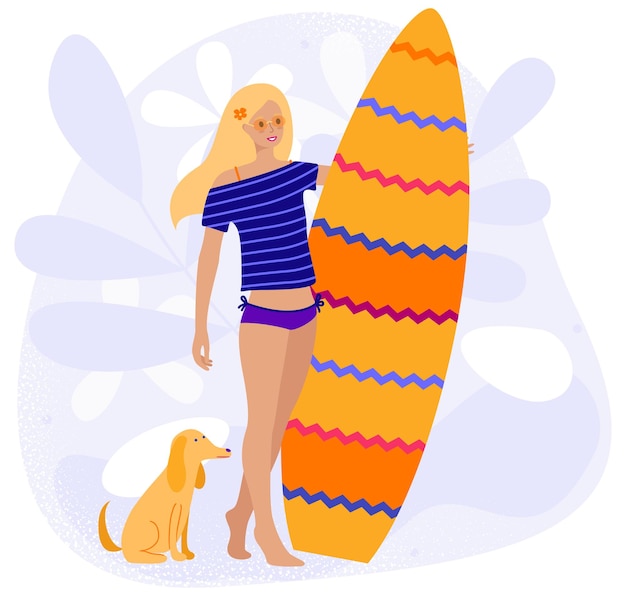 Vetor garota com um cachorro se preparando para surfar ilustração vetorial plana de desenho animado