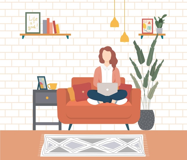 Vetor garota com um laptop se senta em uma cadeira confortável conceito de escritório em casa uma mulher trabalha em casa