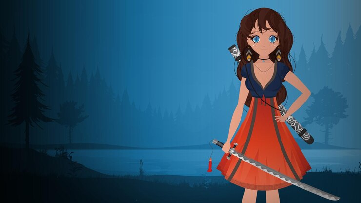 Vetor garota com uma katana em um vestido azul e vermelho anime samurai mulher em um fundo de noite de verão estilo de desenho animado