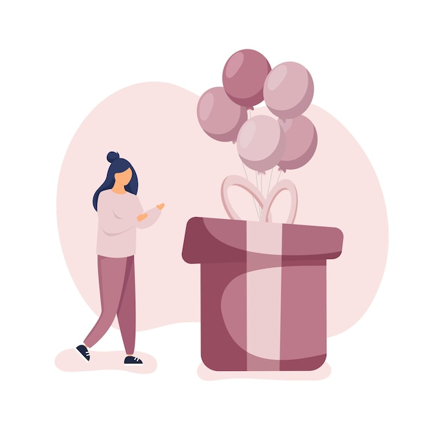 Garota comemorando aniversário em pé perto de uma enorme caixa de presentes com balões