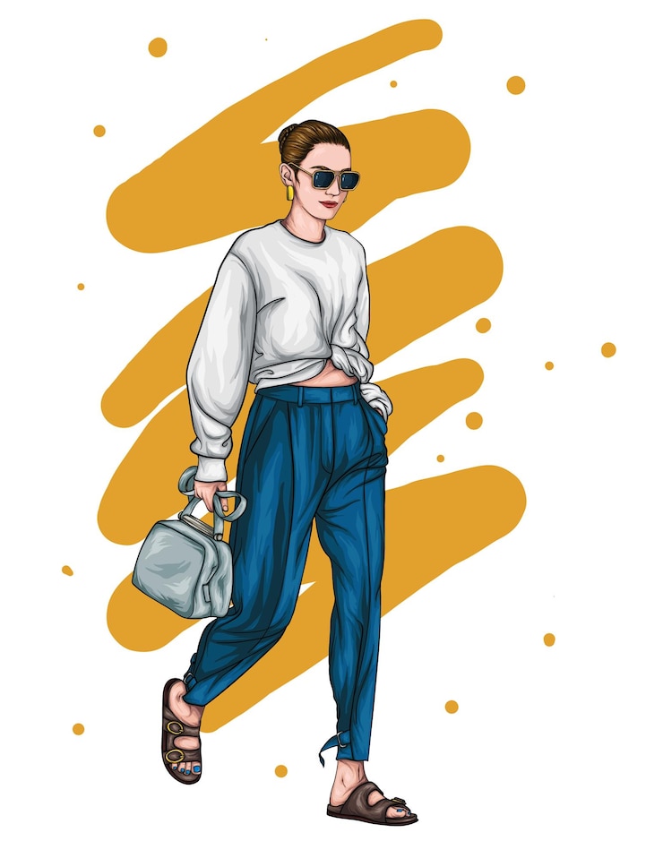Vetor garota da moda em suéter branco e calça azul profundo