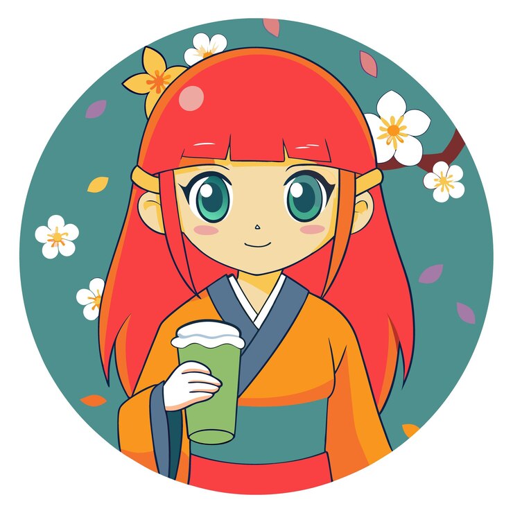 Vetor garota de anime com cabelos longos roxos vestindo um kimono tradicional segurando um copo de leite com uma cereja b
