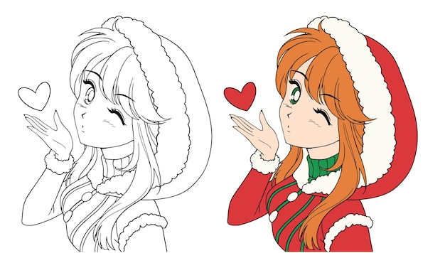 Garota de anime manga manda um beijo traje de papai noel de natal imagem  contour para livro de colorir