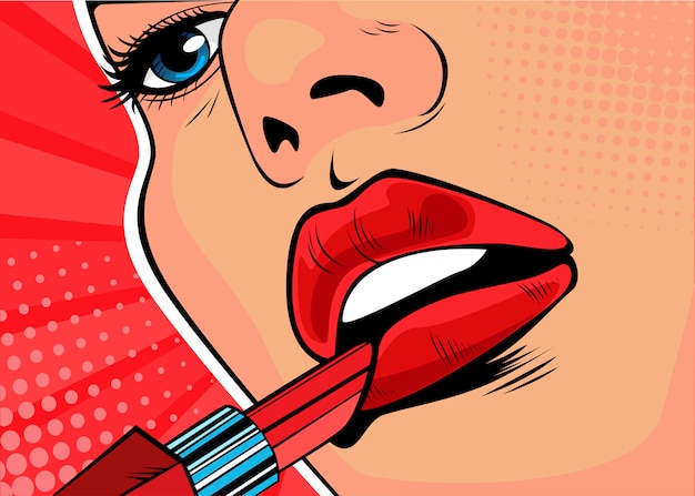 Garota de arte pop pinta os lábios com batom vermelho