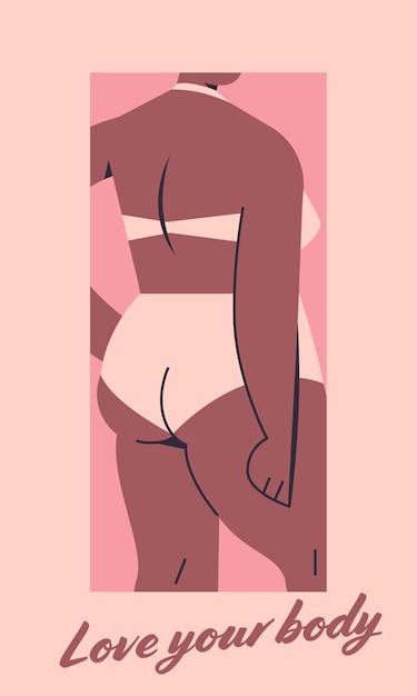 Garota de biquíni com excesso de peso mulher em pé pose amo seu corpo conceito closeup retrato vertical ilustração vetorial