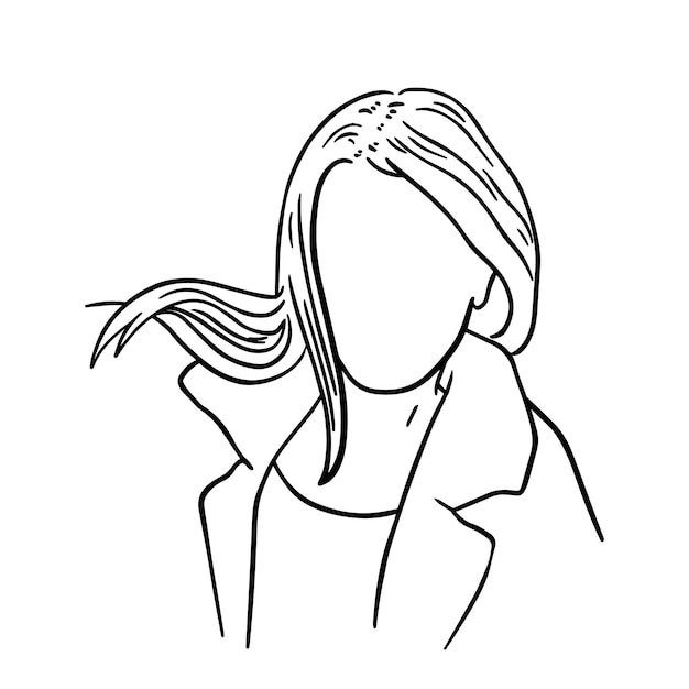 Garota de cabelo comprido em um casaco rabisca livro de colorir linear de desenho animado