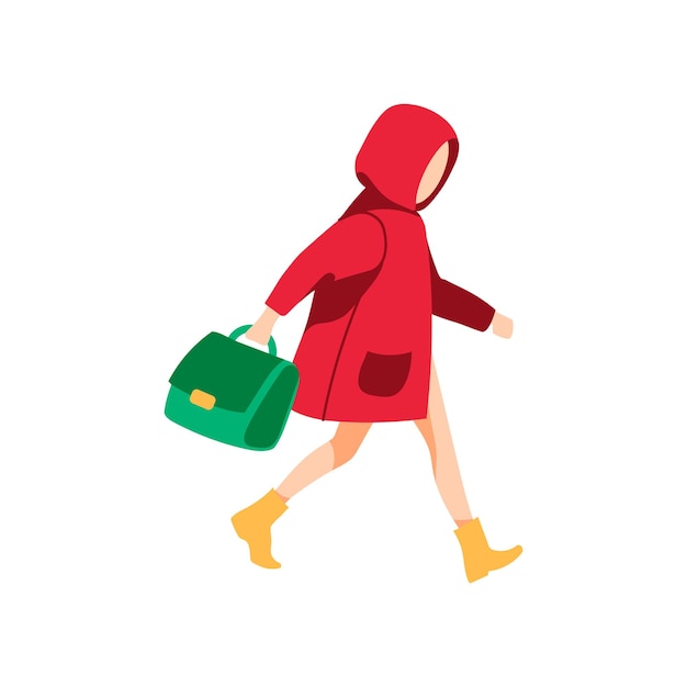 Garota de capa de chuva vermelha andando com bolsa