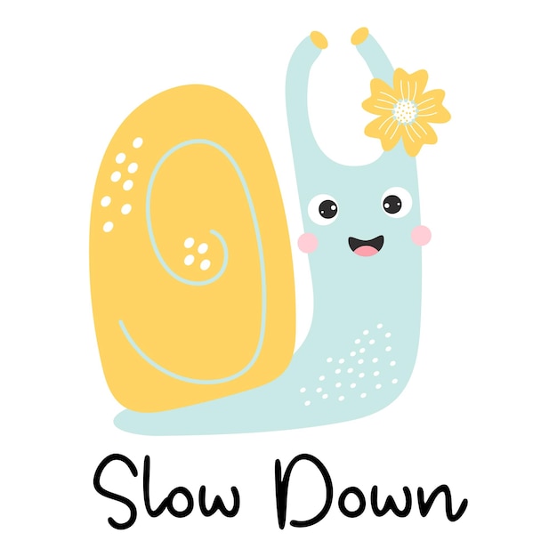Vetor garota de caracol azul amarelo feliz bonito com flor e slogan slow down vector cool cartão engraçado com caracol