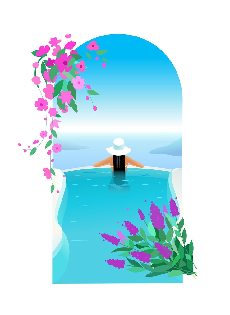 Vetor garota de chapéu na piscina descanso de verão resort e spa na grécia santorini relaxamento férias