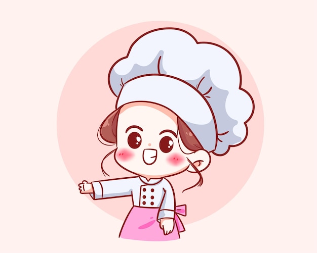 Vetor garota de chef bonita em personagem uniforme bem-vinda à ilustração de arte dos desenhos animados do logotipo do restaurante de comida
