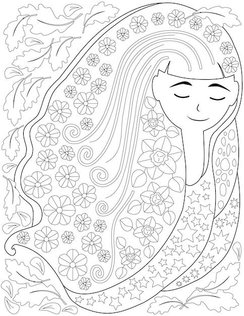 Garota de desenho de linha vetorial estilizada elaborada com flores decoradas, imagem lineart digital mulher