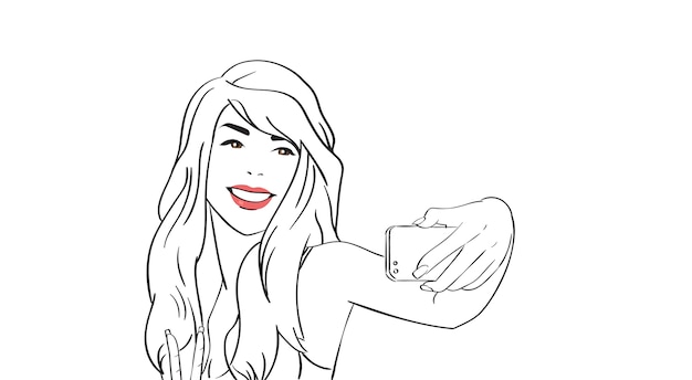 Garota de desenho tirar foto de selfie no telefone inteligente de celular