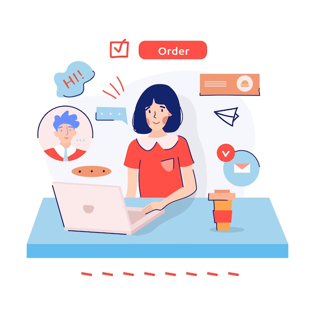 Garota de entrega de comida, recebendo um pedido pela internet durante a quarentena. Conceito de processo de pedidos. Tema do serviço de suporte. cartoon ilustração plana colorida.