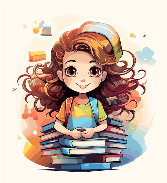 Vetor garota de escola bonita de desenho animado com muitas ilustrações de livros