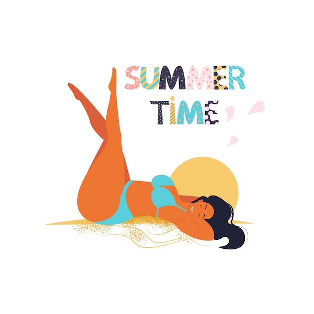 Garota de horário de verão deitada na areia tomando banho de sol, letras coloridas de ilustração vetorial de inscrição