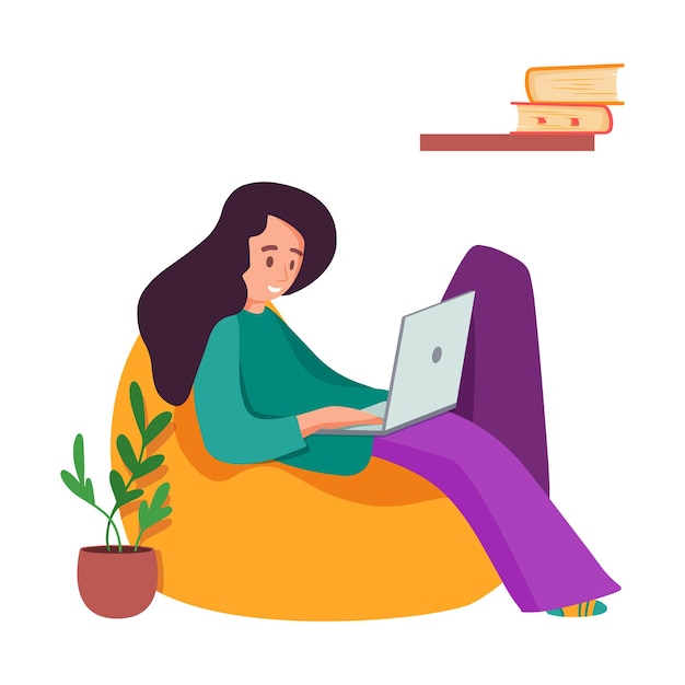 Garota de ilustração vetorial com laptop sentado no pufe em casa aconchegante Freelance ou estudando design de conceito xAFemale estilo de vida diário simples isolado no fundo branco