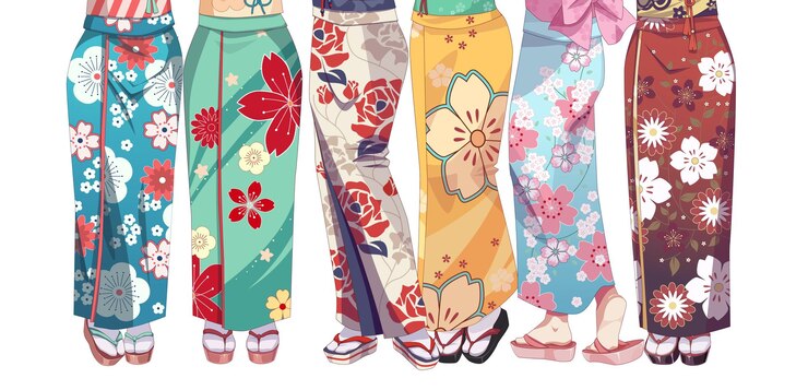 Vetor garota de mangá de anime vestindo quimono japonês pernas longas de grupo de meninas ilustração vetorial