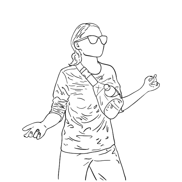 Garota de óculos em uma jaqueta com um saco dançando desenho linear de desenho animado colorindo