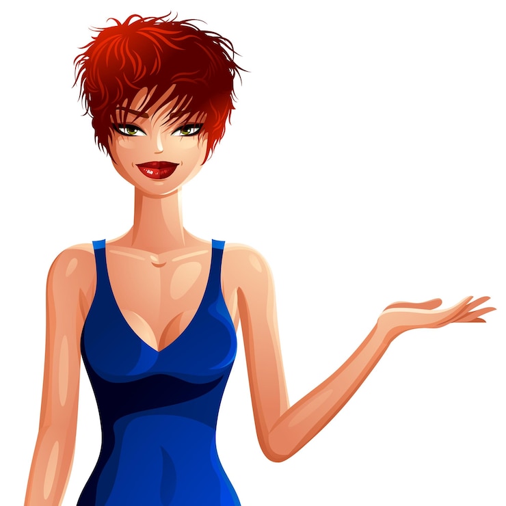Vetor garota de pele branca atraente usando vestido azul de verão, ilustração colorida. mulher caucasiana sexy, linda mulher ruiva mostrando algo ao lado.