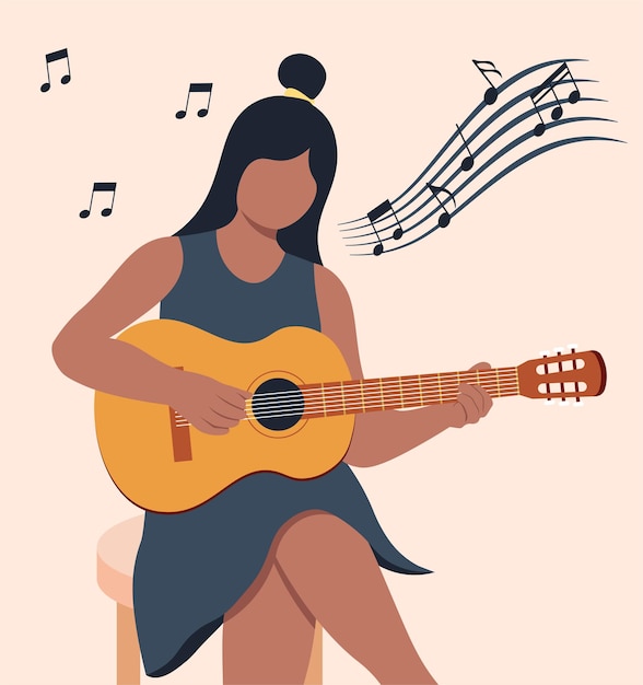 Vetor garota de pele negra está tocando ilustração vetorial de guitarra em estilo simples