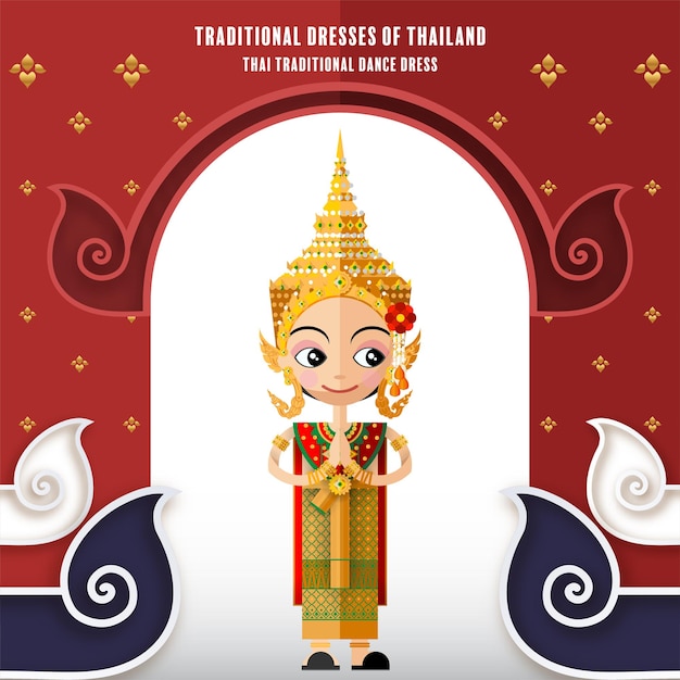 Vetor garota de personagens de desenhos animados bonitos em vestidos tradicionais da tailândia ou traje de dança tradicional tailandesa