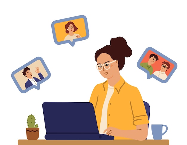 Garota de trabalho remoto. freelancer, ensino a distância ou comunicação. videoconferência, converse com amigos ou família. conversa online, mulher no laptop fala com o conceito de vetor de colegas