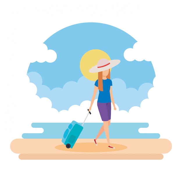 Garota de turista com mala na praia