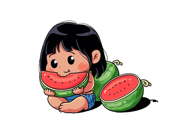 Garota de verão fofa e kawaii comendo melancia chibi fresca