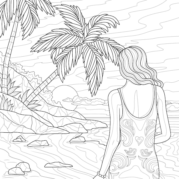 Garota de vestido na praia com palmeiras livro de colorir anti-stress para crianças e adultos