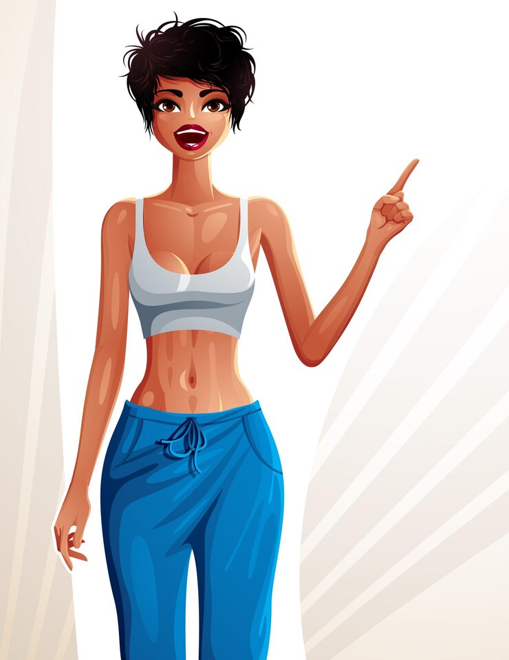 Vetor garota em pé de pele escura atraente apontando para algum espaço de cópia vazio ao lado com o dedo, ilustração colorida. mulher mulata sexy, bem vestida, glamourosa e chique.