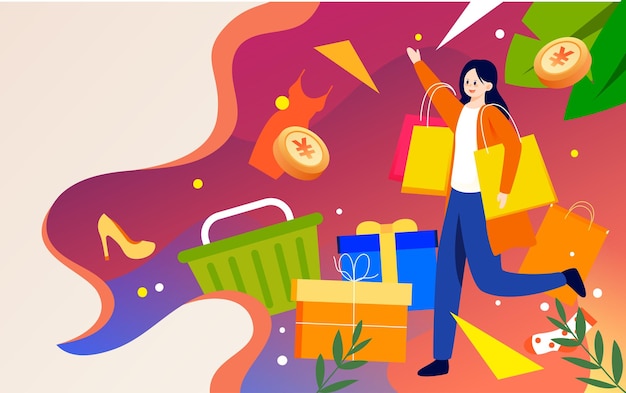Garota está comprando com muitas sacolas de compras, vários produtos e caixas de presente no fundo vetor
