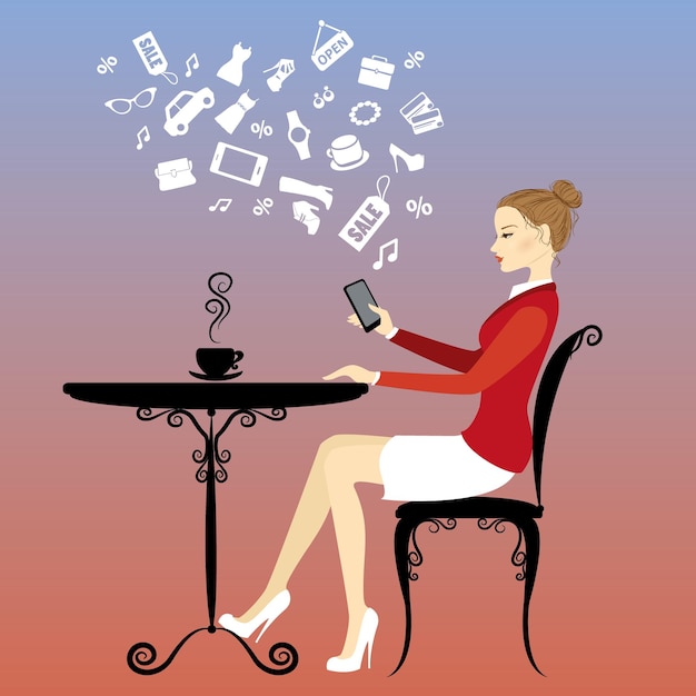 Garota está tomando café e na internet através de uma ilustração vetorial de smartphone