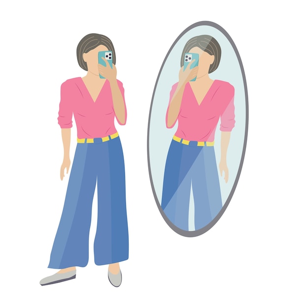 Garota faz uma selfie olhando na mulher do espelho e sua ilustração de estilo plano de reflexão