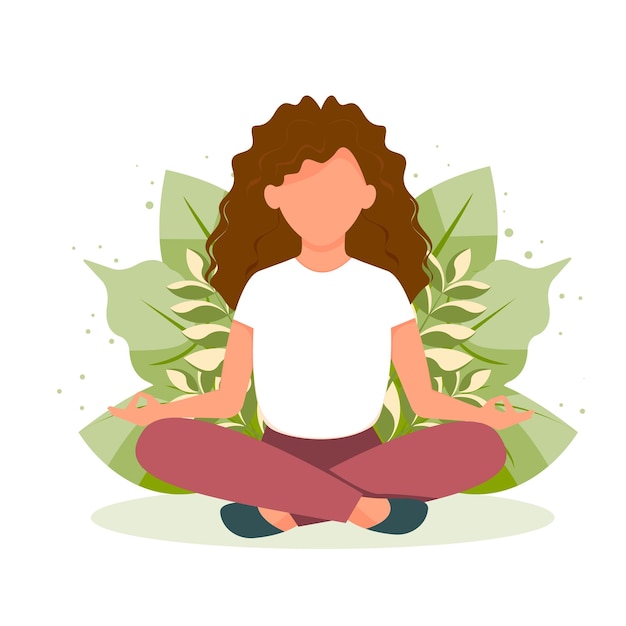 Garota fazendo ioga em fundo de plantas mulher sentada na posição de lótus ilustração plana em vetor