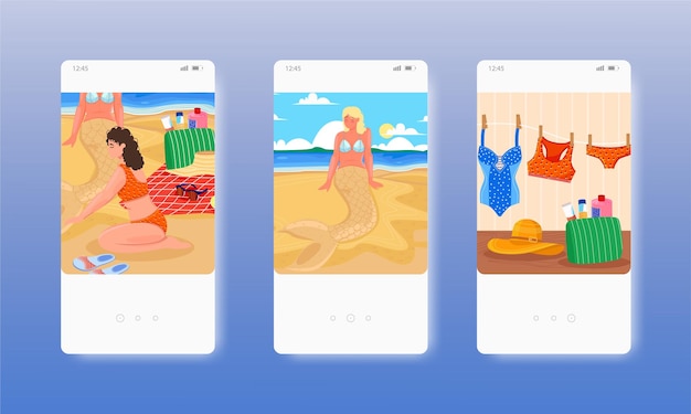 Garota fazendo sereia de areia férias de verão na praia telas de aplicativos móveis vetor modelo de banner de site design de site de interface do usuário