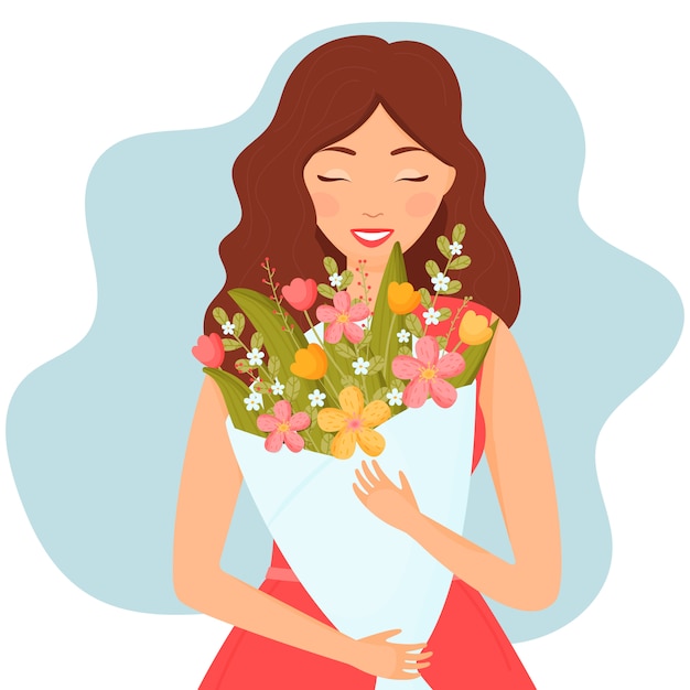 Vetor garota feliz com um buquê de flores ilustração plana