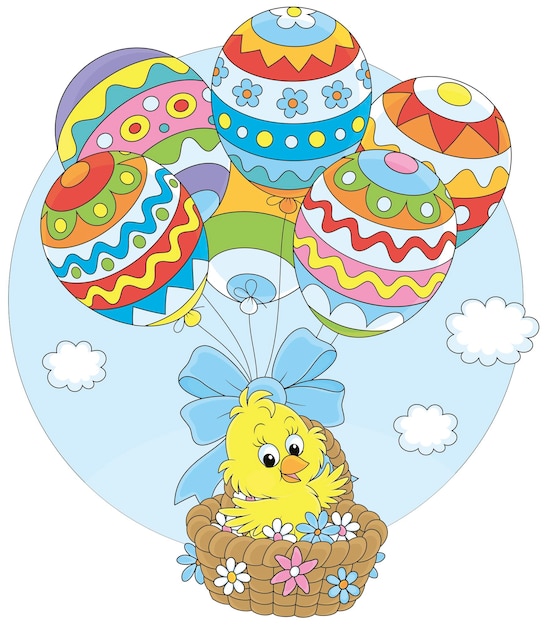 Garota feliz da páscoa voando em uma cesta de vime com balões decorados de forma colorida