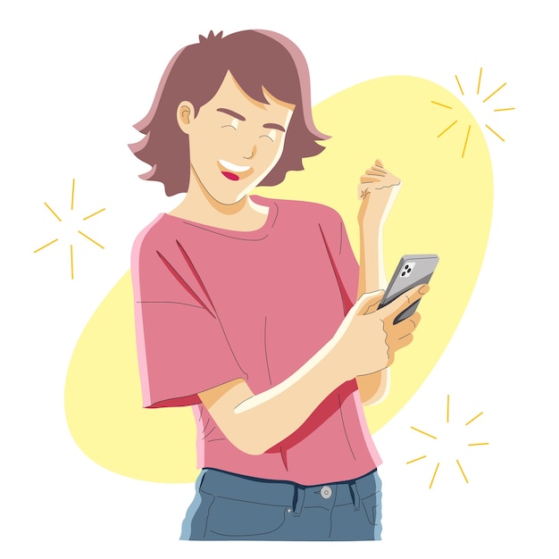 Garota feliz e alegre segurando um telefone celular e celebrando um conceito de vitória