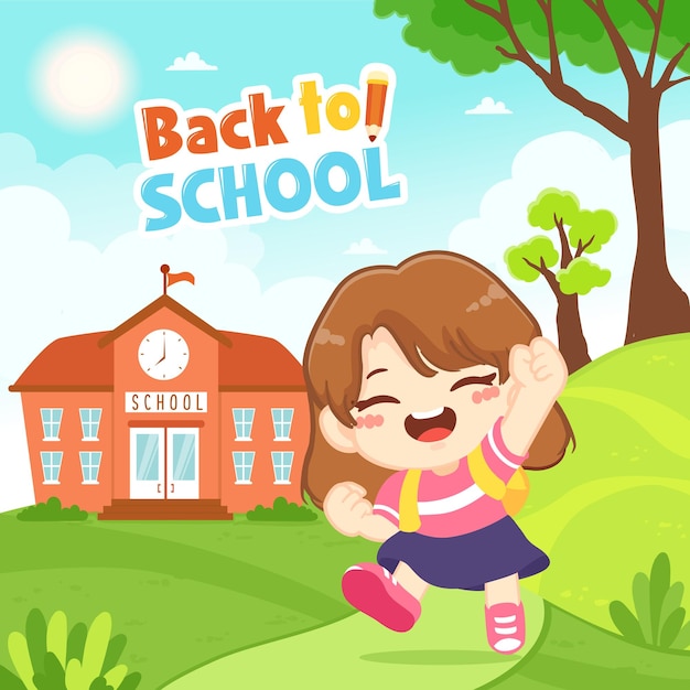 Garota feliz e fofa andando para a escola De volta ao fundo da escola