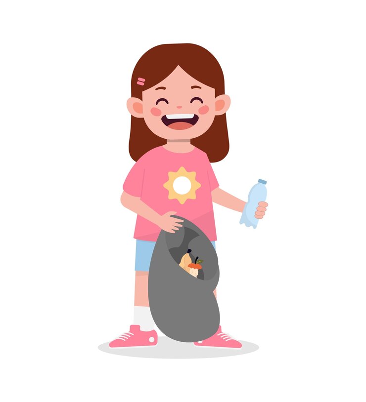 Vetor garota feliz e fofa coleciona ilustração de desenho de lixo