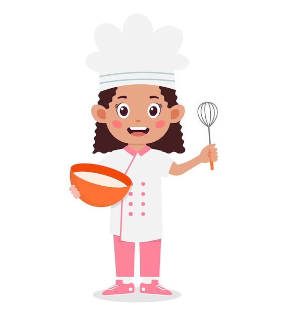 Garota feliz e fofa na ilustração de personagem de desenho animado de fantasia de chef