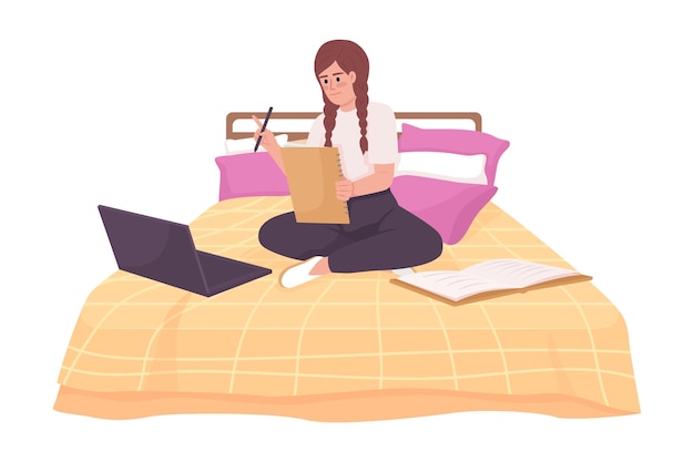 Garota feliz fazendo tarefas domésticas com laptop na cama personagem de vetor de cor semiplana