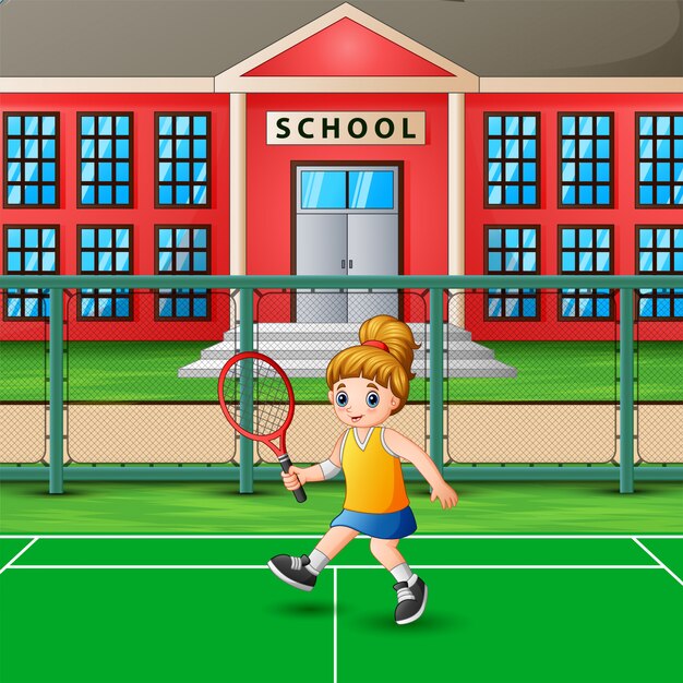 Garota feliz jogando tênis na quadra da escola